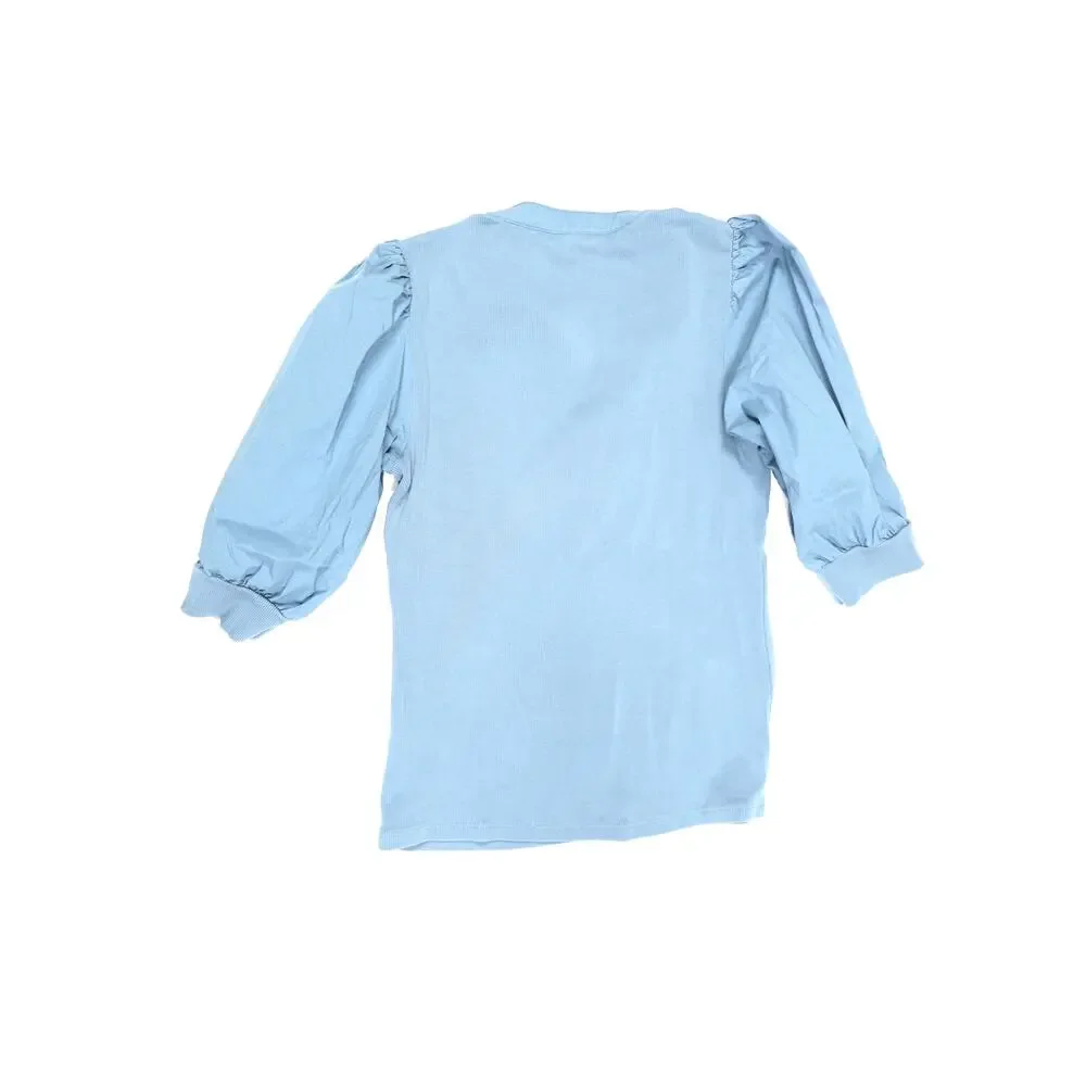 Veronica Beard Dusty Blue Ribbed Cotton Puff Sleeve Quiet Luxuy Capsule Top S - Picture 10 of 15